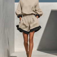Women’s Beige Linen-Blend Contrast Ruffle Trim Long Sleeve Blouse & High-Waisted Ruffle Hem Shorts Two-Piece Set MDZ1018D0T