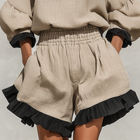 Women’s Beige Linen-Blend Contrast Ruffle Trim Long Sleeve Blouse & High-Waisted Ruffle Hem Shorts Two-Piece Set MDZ1018D0T