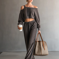 Women's Fashion Off-Shoulder Long-Sleeve Cropped Sweatshirt And Sweatpants Set MDZ1145D5Y