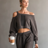 Women's Fashion Off-Shoulder Long-Sleeve Cropped Sweatshirt And Sweatpants Set MDZ1145D5Y
