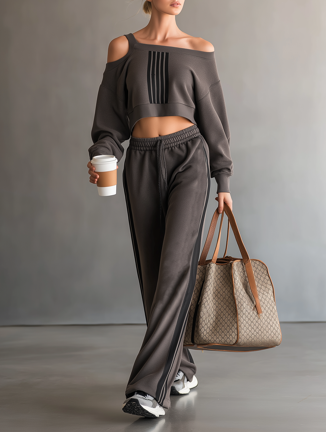 Women's Fashion Off-Shoulder Long-Sleeve Cropped Sweatshirt And Sweatpants Set MDZ1145D5Y
