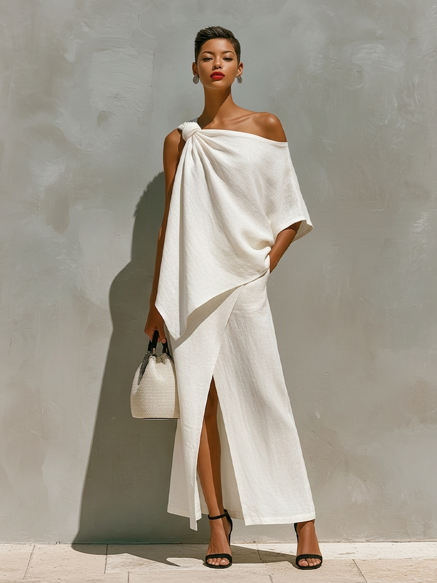 Women's White Textured Linen Skirt With Asymmetric Hem & Relaxed Silhouette, Modern Casual-Chic Style Skirt MDZ1160D0I
