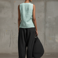 Women's Casual Mint Green Cotton Linen V-Neck Sleeveless Knotted Top MDZ1486D2GMJ