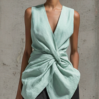 Women's Casual Mint Green Cotton Linen V-Neck Sleeveless Knotted Top MDZ1486D2GMJ