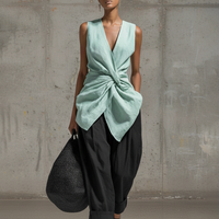 Women's Casual Mint Green Cotton Linen V-Neck Sleeveless Knotted Top MDZ1486D2GMJ