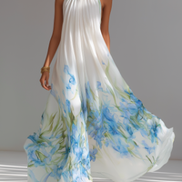 Women's Elegant White Printed Chiffon Halter-Neck Sleeveless Maxi Dress MDZ1415D5LXY