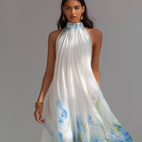 Women's Elegant White Printed Chiffon Halter-Neck Sleeveless Maxi Dress MDZ1415D5LXY