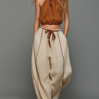 Women's Casual Brown Cotton-Linen Sleeveless Halter Top Paired With Beige Embroidered Trousers MDZ1512D0LXY