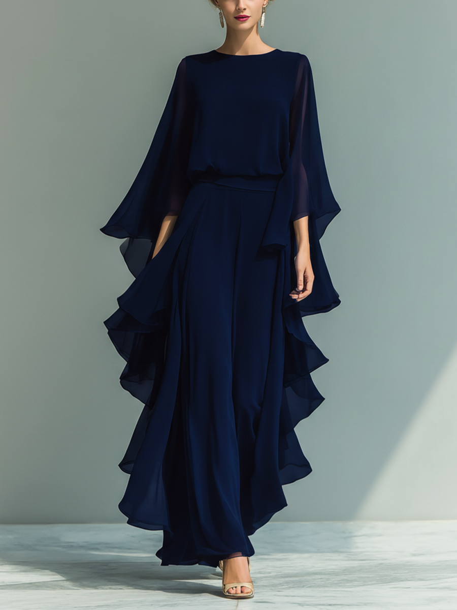 Women’s Navy High-Waisted Ruffle Hem Draped Wide-Leg Pants MDZ1614D6T
