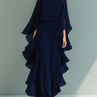 Women’s Navy High-Waisted Ruffle Hem Draped Wide-Leg Pants MDZ1614D6T