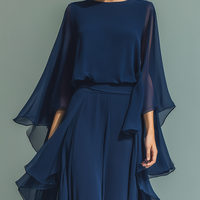 Women’s Navy Chiffon Flare Sleeve Ruched Waist Elegant Blouse MDZ1697D8T