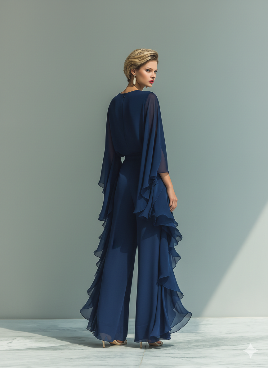 Women’s Navy Chiffon Flare Sleeve Ruched Waist Elegant Blouse MDZ1697D8T