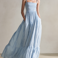 Women's Casual Light Blue Striped Woven Sleeveless Spaghetti-Strap Maxi Dress MDZ1634D5LXY