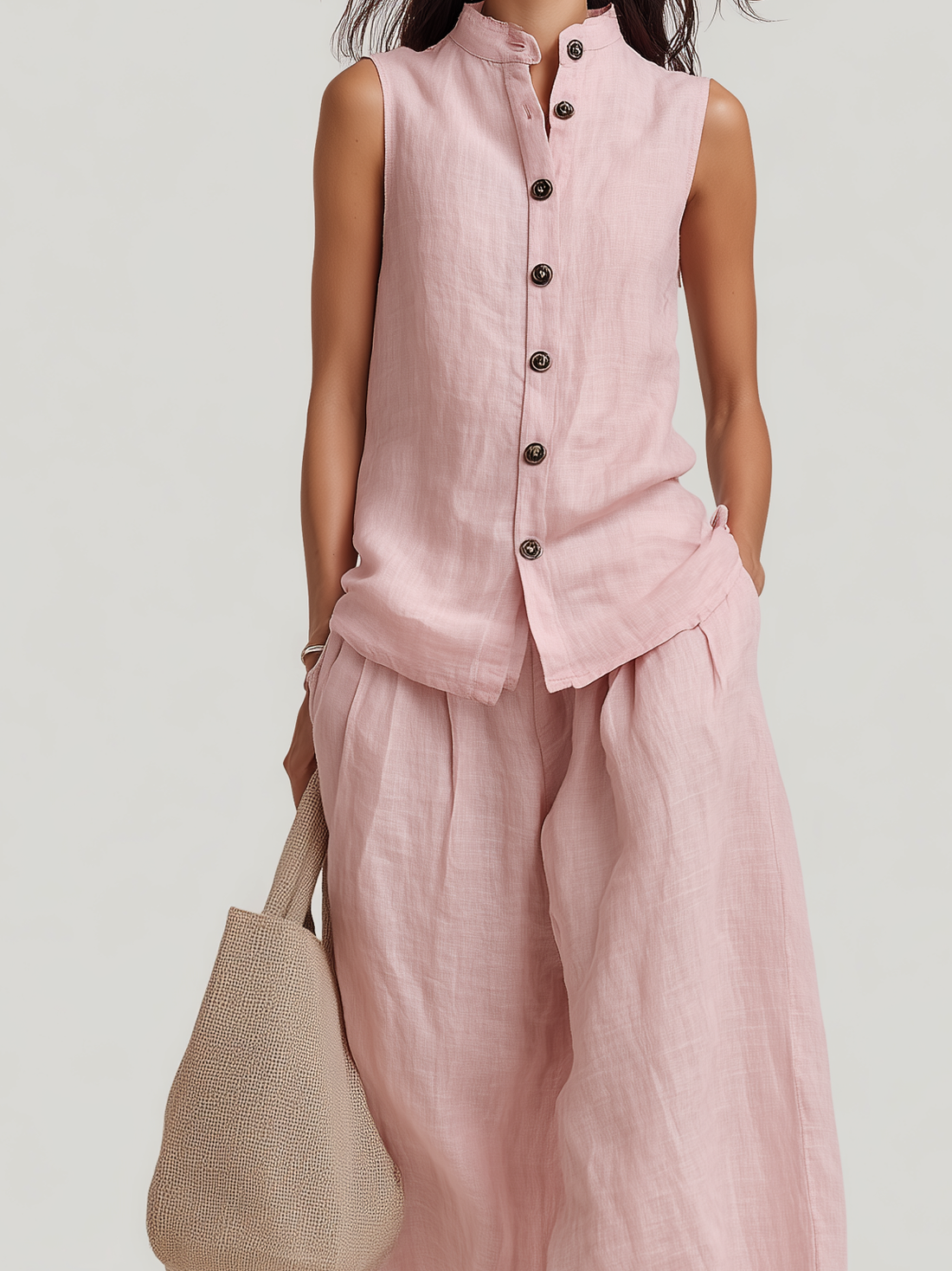 Women's Casual Light Pink Cotton-Linen Sleeveless Crew-Neck Top With Trousers MDZ1601D4LXY
