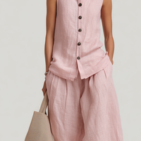 Women's Casual Light Pink Cotton-Linen Sleeveless Crew-Neck Top With Trousers MDZ1601D4LXY
