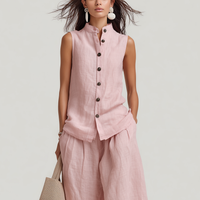 Women's Casual Light Pink Cotton-Linen Sleeveless Crew-Neck Top With Trousers MDZ1601D4LXY