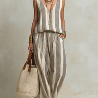 Women's Casual Black And White Striped Woven V-Neck Sleeveless Top With Trousers MDZ1701D4LXY