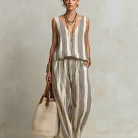 Women's Casual Black And White Striped Woven V-Neck Sleeveless Top With Trousers MDZ1701D4LXY