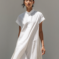 Women's Loose-Fit Dress With Stand Collar, White Stripes, And Patchwork Detail — Oriental Minimalist Zen Style MDZ2012D3ZJW
