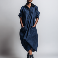 Women's Minimalist Workwear-Style Commuter Dress — Loose-Fit, Distressed Dark Blue, With Leather Collar MDZ2093D9ZJW