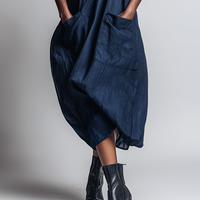 Women's Minimalist Workwear-Style Commuter Dress — Loose-Fit, Distressed Dark Blue, With Leather Collar MDZ2093D9ZJW