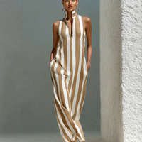 Women’s Camel & White Striped Sleeveless Stand Collar V-Neck Maxi Dress With Pockets MDZ2026D2T