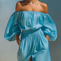 Women’s Sky Blue Off-the-Shoulder Puff Sleeve Smocked Waist High Slit Maxi Dress With Pockets MDZ2191D7T