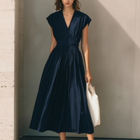 Women's Modern Minimalist French-Style Elegant Dress — V-Neck, X-Silhouette, Cinched Waist, Deep Navy Blue  MDZ2136D9ZJW