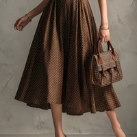 Women's Vintage Brown Cotton-Blend Polka Dot Waisted Shirt Midi Dress MDZ2138D3GMJ