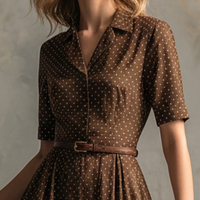 Women's Vintage Brown Cotton-Blend Polka Dot Waisted Shirt Midi Dress MDZ2138D3GMJ