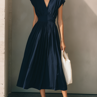 Women's Modern Minimalist French-Style Elegant Dress — V-Neck, X-Silhouette, Cinched Waist, Deep Navy Blue  MDZ2136D9ZJW