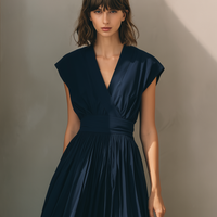 Women's Modern Minimalist French-Style Elegant Dress — V-Neck, X-Silhouette, Cinched Waist, Deep Navy Blue  MDZ2136D9ZJW