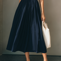 Women's Modern Minimalist French-Style Elegant Dress — V-Neck, X-Silhouette, Cinched Waist, Deep Navy Blue  MDZ2136D9ZJW