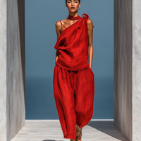 Women’s Red Linen-Blend Two-Piece Set: Asymmetrical One-Shoulder Top (Without Neck Scarf) & Wide-Leg Pants With Pockets MDZ2201D4T