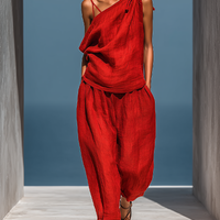 Women’s Red Linen-Blend Two-Piece Set: Asymmetrical One-Shoulder Top (Without Neck Scarf) & Wide-Leg Pants With Pockets MDZ2201D4T