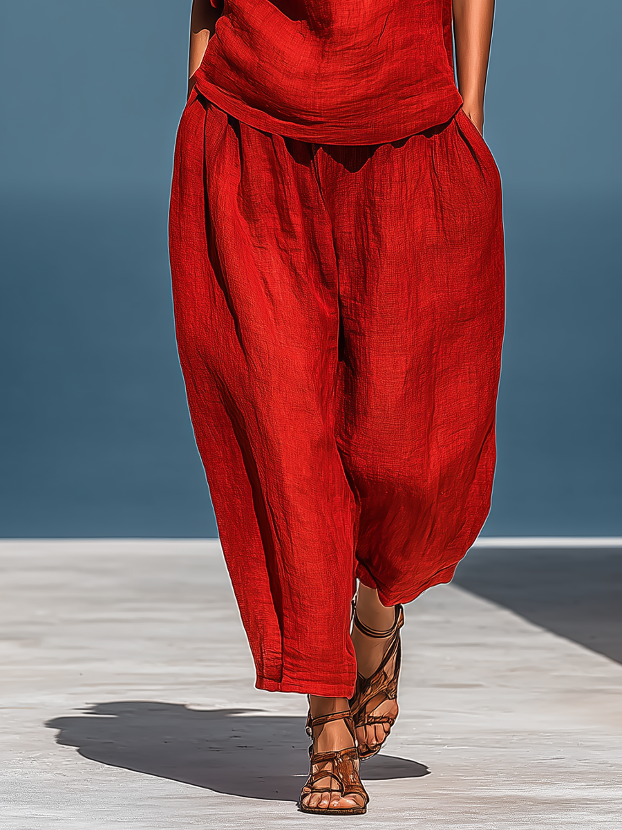 Women’s Red Linen-Blend Two-Piece Set: Asymmetrical One-Shoulder Top (Without Neck Scarf) & Wide-Leg Pants With Pockets MDZ2201D4T