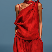 Women’s Red Linen-Blend Two-Piece Set: Asymmetrical One-Shoulder Top (Without Neck Scarf) & Wide-Leg Pants With Pockets MDZ2201D4T