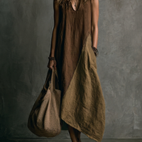Women's Casual Brown And Khaki Cotton-Linen Patchwork V-Neck Sleeveless Asymmetrical Long Dress MDZ2290D1GMJ