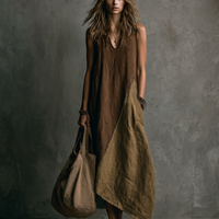 Women's Casual Brown And Khaki Cotton-Linen Patchwork V-Neck Sleeveless Asymmetrical Long Dress MDZ2290D1GMJ