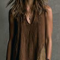 Women's Casual Brown And Khaki Cotton-Linen Patchwork V-Neck Sleeveless Asymmetrical Long Dress MDZ2290D1GMJ