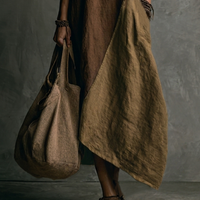 Women's Casual Brown And Khaki Cotton-Linen Patchwork V-Neck Sleeveless Asymmetrical Long Dress MDZ2290D1GMJ