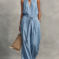 Women's Casual Light Blue Denim-Look Halter V-Neck Tie-Waist Wide-Leg Jumpsuit MDZ2269D0GMJ
