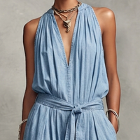 Women's Casual Light Blue Denim-Look Halter V-Neck Tie-Waist Wide-Leg Jumpsuit MDZ2269D0GMJ