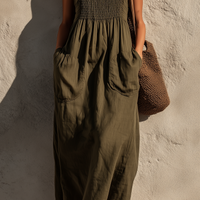 Women's Casual Olive Green Cotton-Linen Maxi Dress — Square Neck, Sleeveless MDZ2308D5LXY