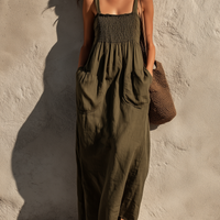 Women's Casual Olive Green Cotton-Linen Maxi Dress — Square Neck, Sleeveless MDZ2308D5LXY