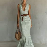 Women's Minimalist Striped Linen-Blend Single-Breasted Sleeveless Bodycon Fishtail Maxi Dress (Belt Not Included) MDZ2321D8Y