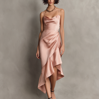 Women's Elegant & Minimalist Satin Midi Dress — Spaghetti Straps, Cowl Neck, And Asymmetrical Hem MDZ2348D8Y