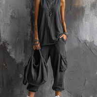 Women's Casual Style Dark Gray Cotton Blend Sleeveless Top + Jogger Cargo Pants Set MDZ2365D7GMJ