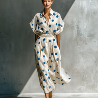 Women’s Off-White Linen-Blend Polka Dot Shirt Dress With Waist Cincher & Pockets MDZ2481D3T