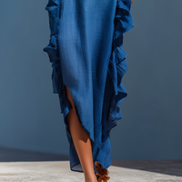 Women’s Blue Linen-Blend Spaghetti Strap Ruffle Trim Maxi Dress With Slit MDZ2407D1T